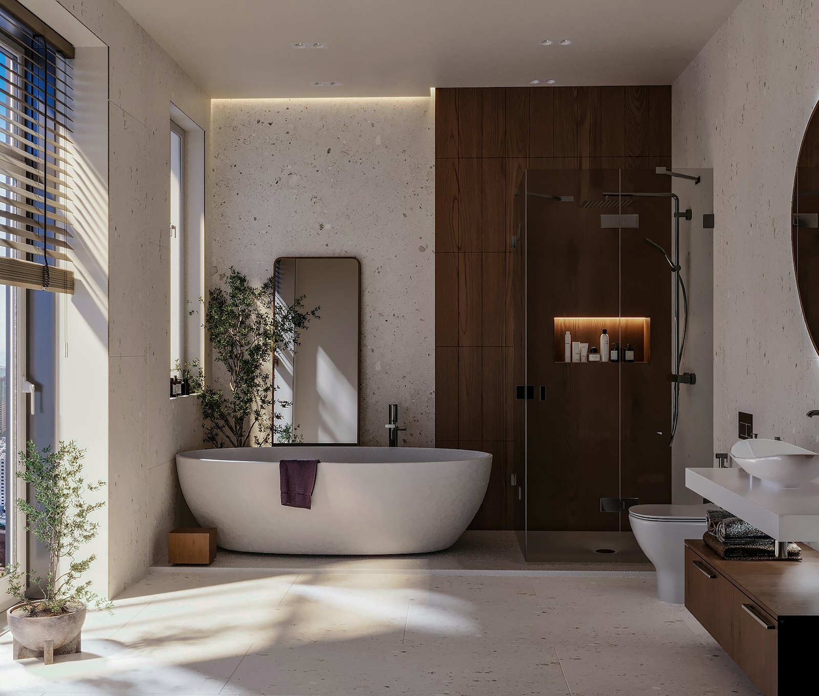 A modern bathroom with a freestanding bathtub and large window